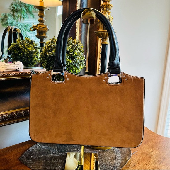 UNBRANDED BROWN SUEDE BLACK TRIM & HANDLES LIKE NEW 8” DROP HANDBAG PURSE BAG - Picture 3 of 9